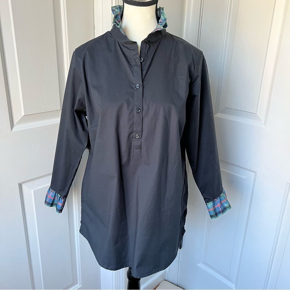 NWT Pearly Vine Black Ruffled Tartan Collar Button down blouse Small Petite